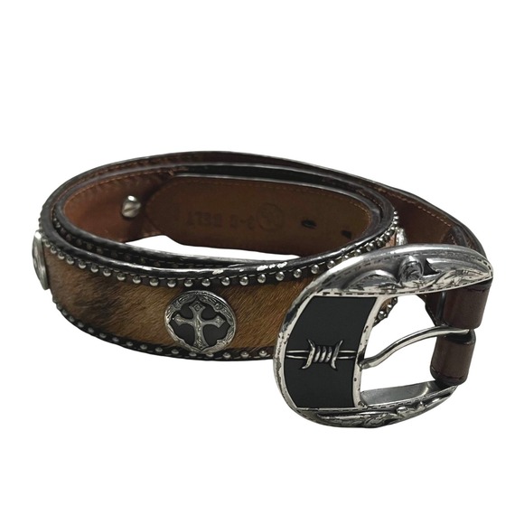 Other - Mens Western Genuine Leather Hair-on Cowhide Belt Silver Buckle Cross